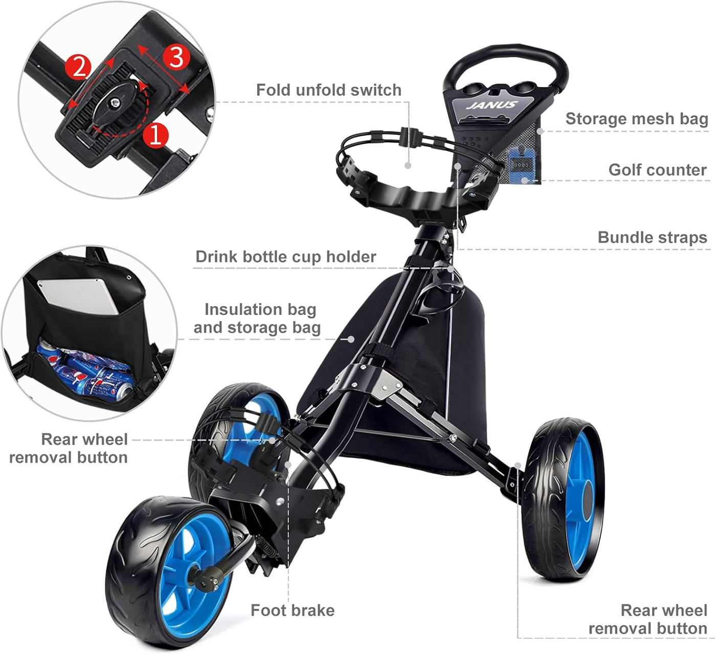 Golf Cart, Foldable Golf Push Cart, Golf Bag Cart, Fits Golf Stand Bag and Golf Cart Bags, Golf Caddy Cart with Optional Large Wing or Small Wing, Includes Ice Bag
