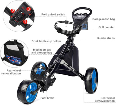 Golf Cart, Foldable Golf Push Cart, Golf Bag Cart, Fits Golf Stand Bag and Golf Cart Bags, Golf Caddy Cart with Optional Large Wing or Small Wing, Includes Ice Bag